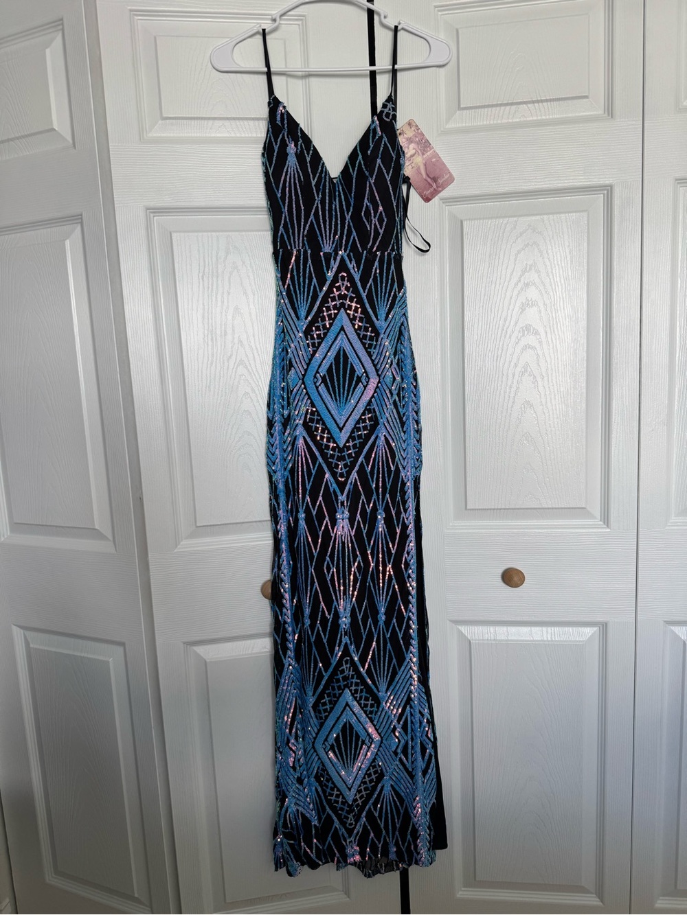 Emerald Sundae Black and Blue Sequin Geometric Maxi Dress